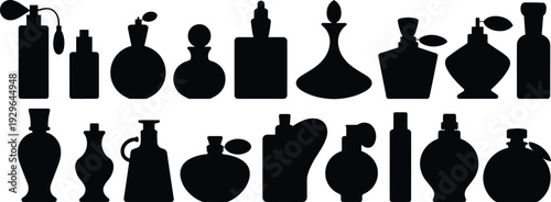 Perfume bottle silhouettes collection, cosmetic fragrance containers set, beauty product packaging icons isolated on white background