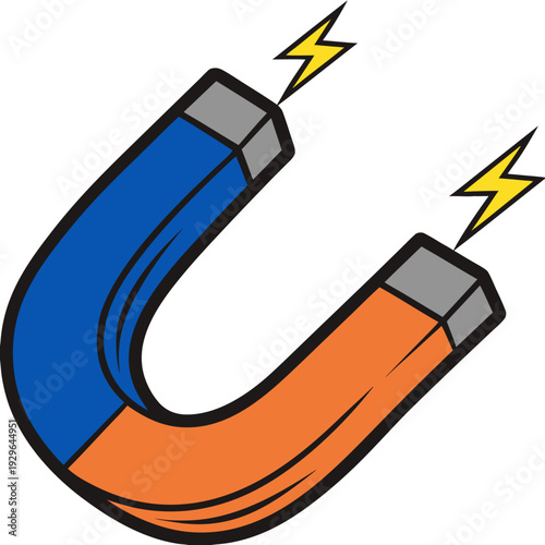 Powerful horseshoe magnet attracting with blue and orange poles electricity sparks indicating magnetic force and attraction scientific physics concept