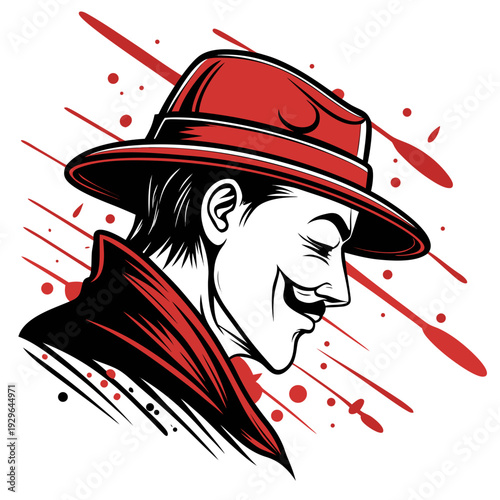 Mysterious man wearing fedora hat and trench coat enigmatic smile shadowy figure representing mystery intrigue secret agent or detective persona