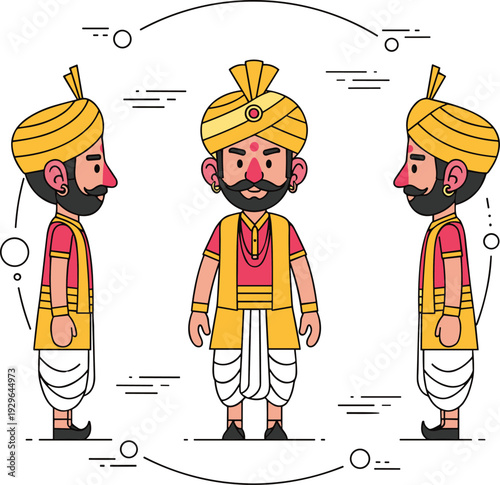 Indian Man Character Vector Set with Traditional Turban and Ethnic Attire Showing Front and Side Profiles for Cultural Identity and Diversity Designs