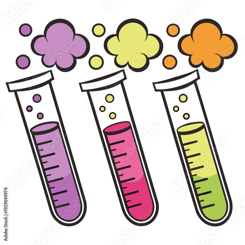 Three science laboratory test tubes filled with colorful liquids and bubbles representing chemical experiments research and scientific discoveries