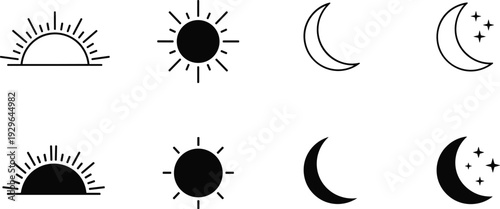Sun and Moon Icon Set Day Night Sunrise Crescent Celestial Outline and Solid Vector Collection