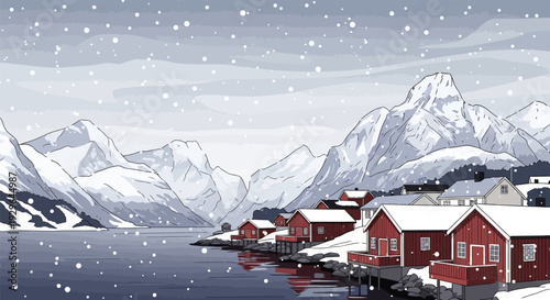 Snowy landscape with red houses by the fjord and mountains.