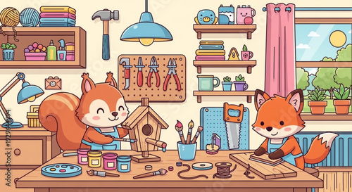 Two cartoon squirrels painting and building in a workshop with tools and supplies