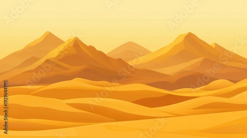 Golden desert landscape with rolling dunes and distant mountain peaks bathed in warm sunrise light