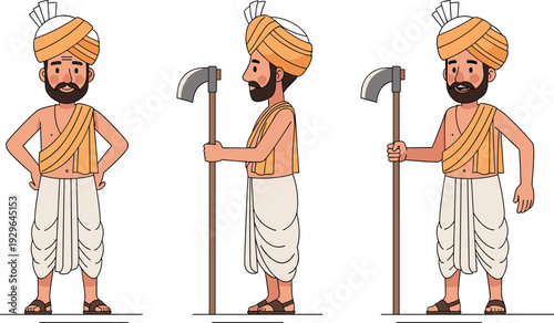 Punjabi Sikh Laborer Farmer Holding Two Hoes Pickaxes in Traditional Orange Turban and Dhoti Flat Vector Illustration for Indian Culture Agriculture Work and Rural Life Designs