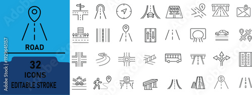 Road Line Icon Set .Contains to related icons Highway, Intersection, Navigation, Traffic, Infrastructure Vector Outline Collection