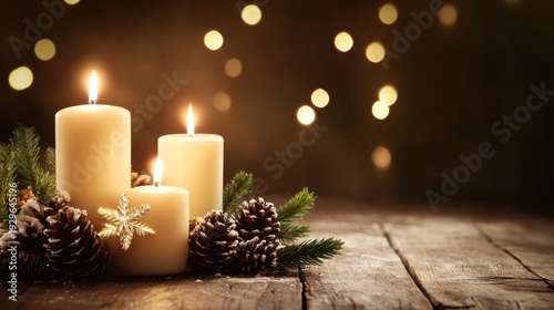 Flickering Christmas Candles with Pinecones on a Wooden Table, Creating a Cozy Festive Atmosphere