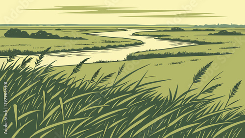 Flat Design Vector Illustration of a Winding River through an Olive Green Meadow with Tall Wild Grasses