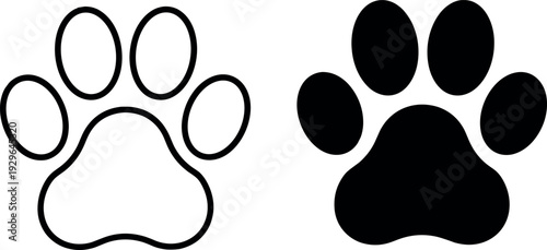 Dog Paw Print Line and Solid Icon Set with Animal Footprint Silhouette Symbol