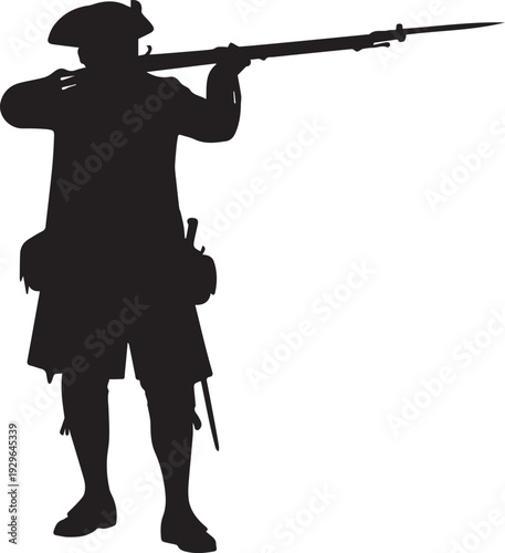Revolutionary war patriot soldier aiming musket rifle vector silhouette illustration art