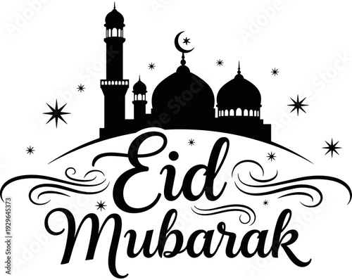 Eid Mubarak calligraphy with mosque silhouette, crescent moon, stars, and decorative swirls for Islamic religious festival celebration, greeting card, poster, and banner.