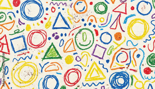 Funky crayon drawn geometric shapes and lines. Colorful pencil or chalk drawn naive Swiss design aesthetic. Basic geometric shapes, dots, playful pattern, primitive forms and figures