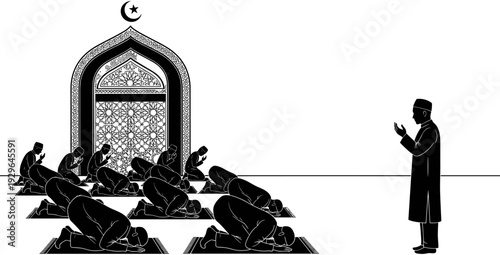 Islamic prayer silhouette set with Muslim men prostrating in Sujud and Imam standing in Dua near mosque arch for Ramadan and Eid,