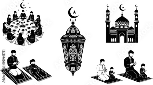 Islamic Ramadan and Eid collection with mosque silhouette, family praying on mats, traditional lantern, people sharing iftar meal, religious celebration, culture icons.