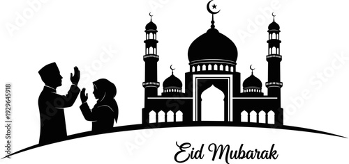 Eid Mubarak celebration background with mosque silhouette, Muslim couple praying, Islamic festival elements, religious holiday greeting, cultural tradition stock vector illustration.