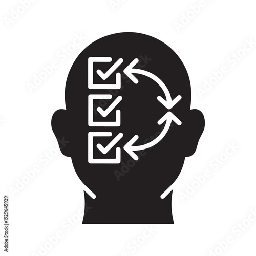 Minimal Business Planning Process Silhouette Icon – Human Head with Checklist and Arrows Vector.