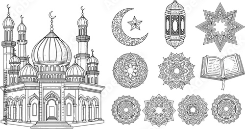 Set of Islamic coloring line art elements including mosque, crescent moon, star, lantern, holy Quran, and decorative mandalas for Ramadan Kareem celebrations