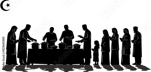 Muslim people sharing Iftar food silhouette during Ramadan, Islamic community gathering, religious celebration, dinner party, charity event, traditional culture, vector illustration,