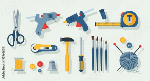 Colorful illustration of various diy tools and crafting supplies on a white background