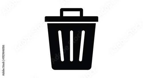 A minimalist depiction of a black trash receptacle with a lid and vertical lines presented as a silhouette