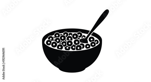 A simple black graphic depicts a bowl of cereal with a spoon showcasing a minimalist silhouette high quality professional