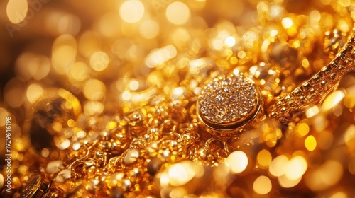 Intricate gold jewelry and valuable precious metal textures with luxurious sheen and detailed close-up macro focus