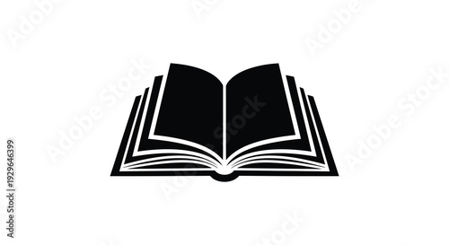 An open book with visible pages is depicted in a stark black form presenting a bold silhouette high quality