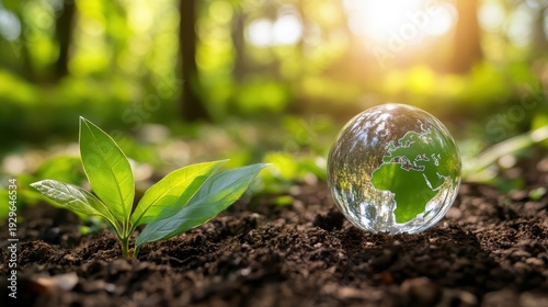 New plant and glowing globe on forest floor at sunrise, symbolizing environmental care and sustainable growth for the planet's future