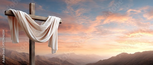 Panel kuchenny z motywem Cross on mountain at sunset with white cloth and crown of thorns representing Jesus' death and resurrection