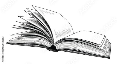 An open book with dramatically fanned pages is illustrated in a detailed vintage style black silhouette high quality professional detailed