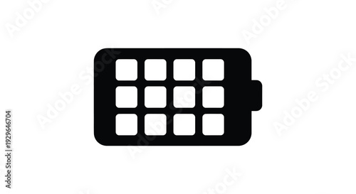 A simple black outline depiction of a smartphone battery with a full charge presented as a silhouette high quality