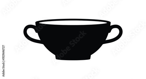 A simple black silhouette of a classic soup bowl with two handles presented on a white background silhouette