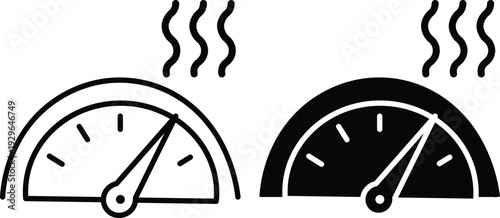 Two icons depicting a temperature or pressure gauge with wavy lines indicating heat or steam, one outlined and one solid.