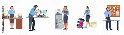 Illustrating various office workers managing heavy workloads, customer service, document handling, and communication in a fast-paced, administrative environment.
