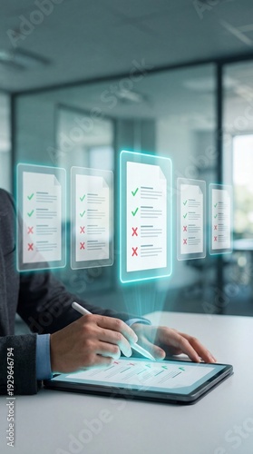 Businessman Reviewing Digital Documents on Tablet Interface, Online Approval System, Document Management, Workflow Automation, Paperless Office, Vertical bg