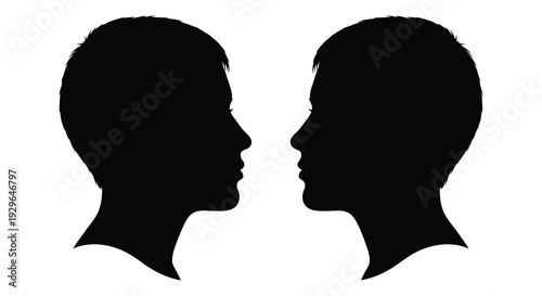 A striking depiction of two human profiles facing each other rendered in a bold contrasting black silhouette high quality