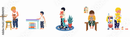 Illustrations of young boys experiencing various emotional states, finding comfort in their teddy bears amidst everyday childhood and medical situations.