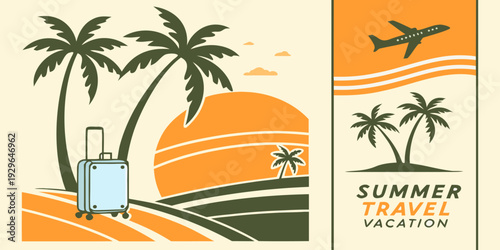 Stylish summer travel poster featuring tropical sunset beach scenery. Great for holiday promotion, tourism campaign and seasonal marketing materials.