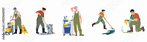 Professional cleaning staff performing various sanitation tasks, including mopping, wiping, and pushing a cleaning cart, highlighting dedicated maintenance and hygiene services.
