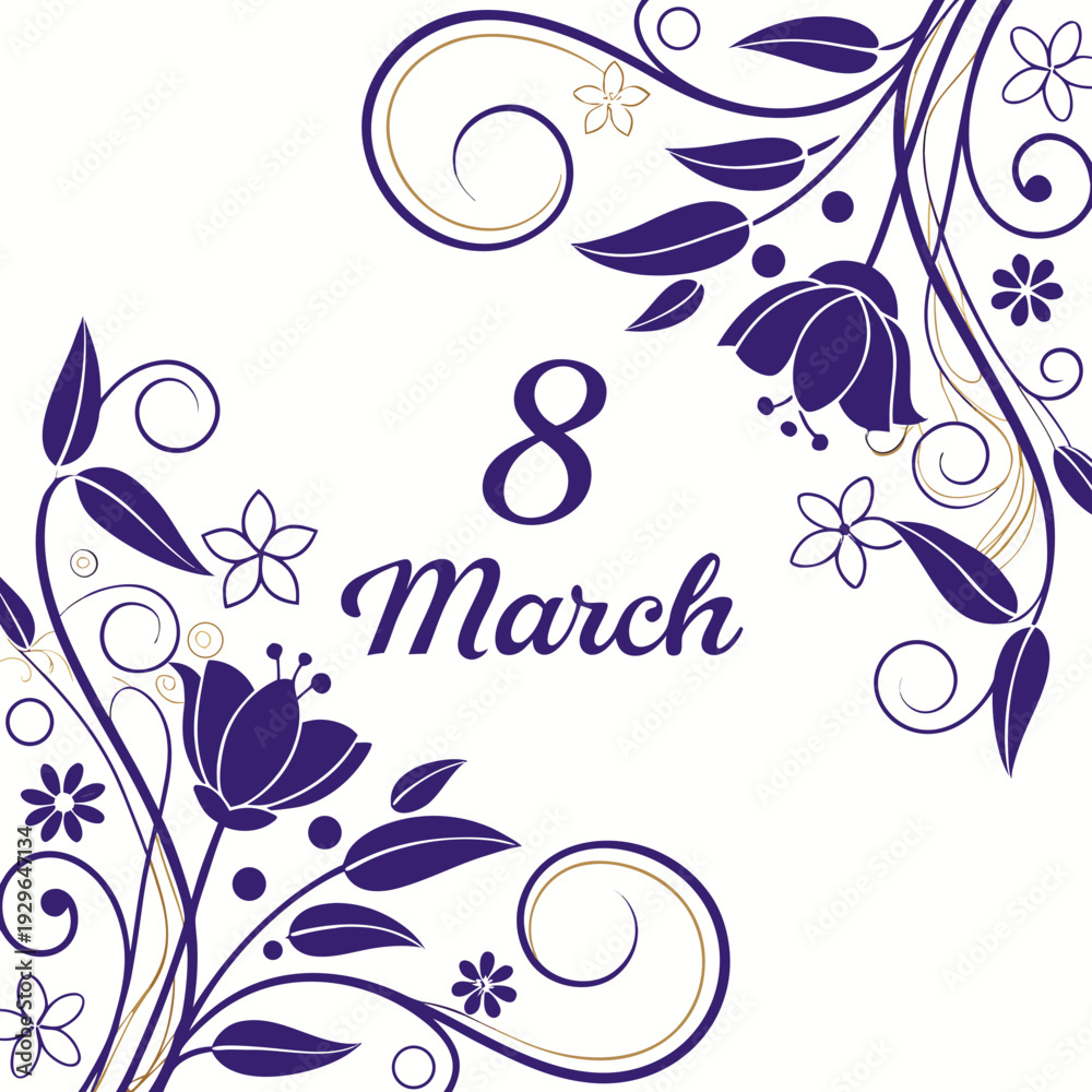 Obraz premium Elegant floral border design for 8 march celebration featuring purple flower bouquets and golden swirl elements on white background vector graphic