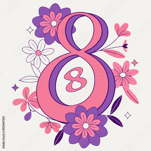 International womens day number eight decorated with beautiful pink and purple flowers and leaves on light background