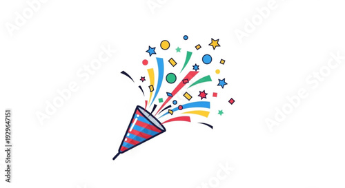 Colorful party popper explodes with stars and confetti on white background
