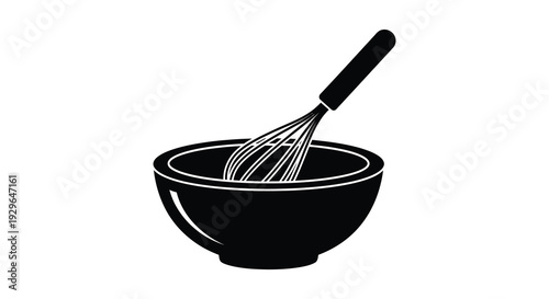 A striking black silhouette depicts a mixing bowl with a whisk inside conveying themes of baking and cooking silhouette