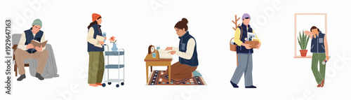 Illustrations of people enjoying various leisure and daily activities in comfortable attire, showcasing relaxed home life and personal pursuits.
