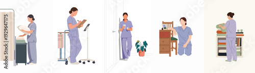 Diverse vector illustrations of a female nurse actively engaged in various hospital and patient care duties, depicting daily routine and professional responsibilities.