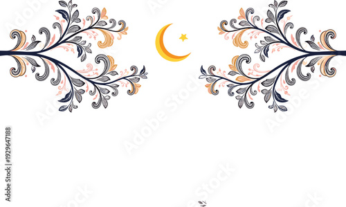 ramadan floral border with crescent moon symmetrical islamic ornament elegant arabesque frame design for greeting banner invitation template