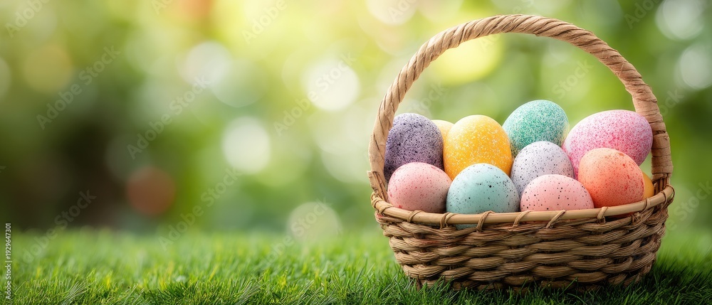 Fototapeta premium Colorful eggs in a basket on green grass with bokeh background and empty space for text perfect for Easter celebrations