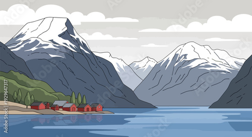 Serene Mountain Lake with Red Houses and Snowy Peaks.