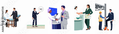 Industry Partnerships: Handshakes symbolizing agreements and collaboration across medical, scientific, business, and construction sectors.
